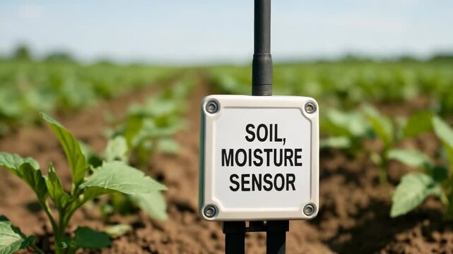 A soil moisture sensor monitors young crops in a vast agricultural field. This technology aids in efficient water management for sustainable farming.