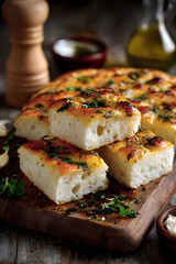 Delicious baked focaccia bread seasoned with herbs and served on a wooden cutting board with olive oil