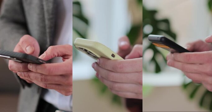 Multiscreen on people using smartphone in everyday life. People using the mobile phone. No-mobile-phone phobia. Multiscreen footage. Split screen variation.