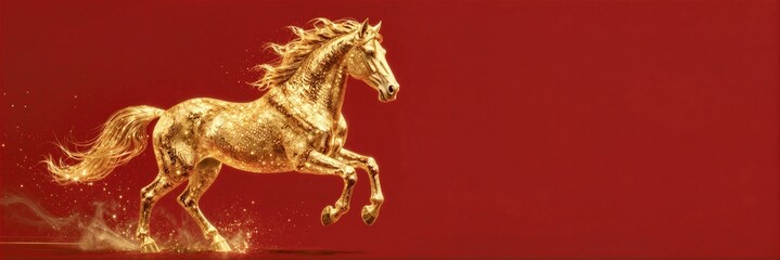 Obraz premium golden galloping horse red background festive