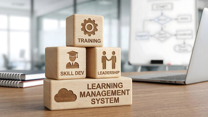 Training and Workforce Development Concept: Wooden Blocks with Human Icons and Skill Development Symbols for Learning Management Systems