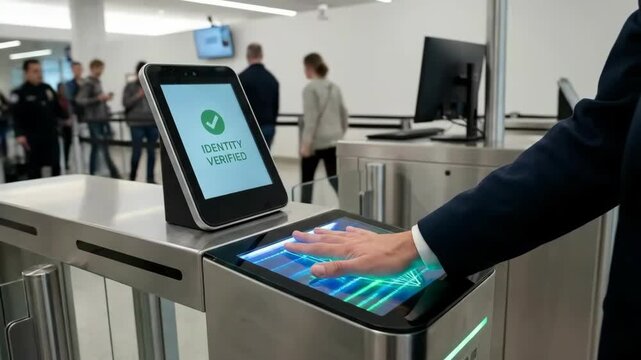Close up of businessman hand scanning palm on biometric security gate for identity verification