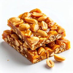 Stacked Peanut Brittle Pieces on White Background, a confectionery delight