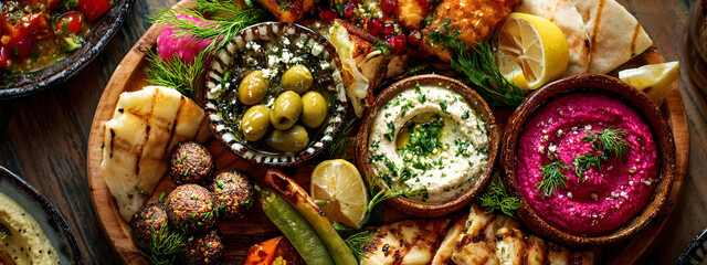 Colorful Mediterranean mezze platter. Overhead shot of traditional appetizers hummus, olives, pita, falafel, perfect for sharing and enjoyment