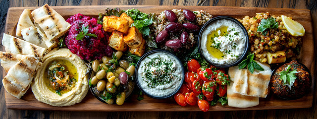 Colorful Mediterranean Mezze Platter Featuring Hummus, Baba Ghanoush, Olives, Roasted Vegetables, and Warm Pita Bread, Artfully Presented for a Delicious Culinary Experience