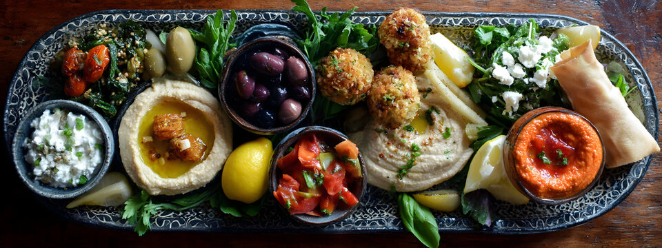 Appetizing Overhead Shot of a Traditional Mediterranean Mezze Platter, Showcasing Creamy Hummus, Crispy Falafel, Briny Olives, Fresh Tabbouleh, and Flavorful Dips, Ideal for Shared Meals