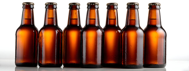 A Row of Amber Glass Bottles Filled with Refreshing Brew on a Clean White Background