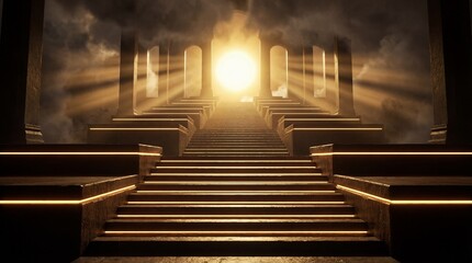 Grand stone staircase in a temple architecture leading towards a blinding sun with smoke and rays