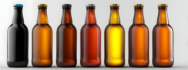 A collection of various amber colored glass bottles filled with different types of brewed liquid products