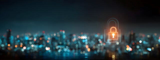 Urban cybersecurity protection Glowing padlock symbol securing a futuristic city skyline, representing digital privacy and data safety in a connected world
