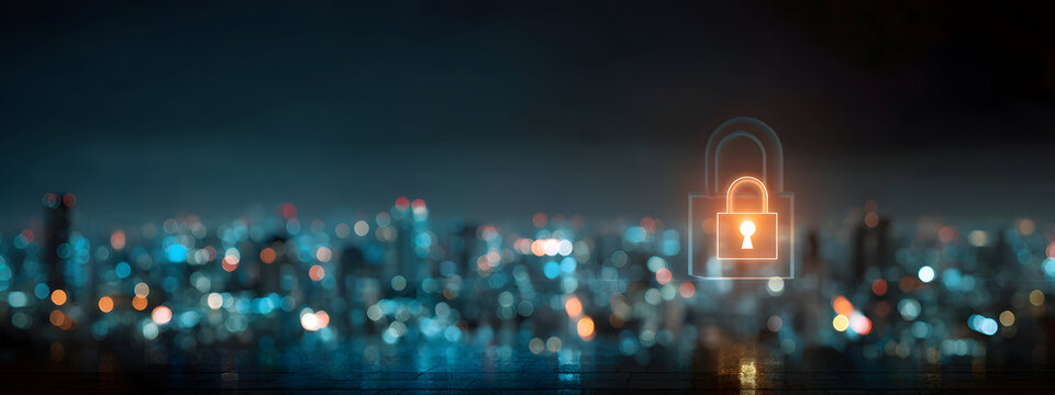 Urban cybersecurity protection Glowing padlock symbol securing a futuristic city skyline, representing digital privacy and data safety in a connected world - Powered by Adobe