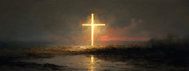 Radiant golden cross emanates divine light, casting a serene glow over a tranquil evening landscape with reflections shimmering on calm water, symbolizing hope and spiritual peace