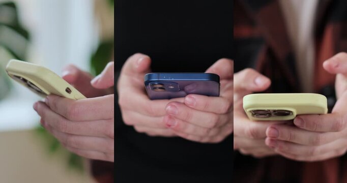 Multiscreen on people using smartphone in everyday life. People using the mobile phone. No-mobile-phone phobia. Multiscreen footage. Split screen variation.