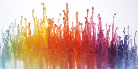 Rainbow Liquid Splashes and Drips on White Background - Dynamic Colorful Fluid Art