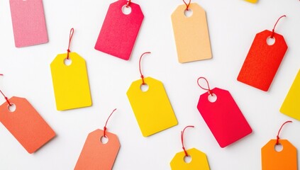 Colorful Blank Price Tags and Labels with Strings Scattered on a White Background