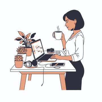Confident female project manager works with intense focus on her laptop at a modern minimalist standing desk, illustrated in a clean flat 2D graphic scene with vibrant colors