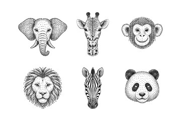 Fototapeta premium Stipple art animal portraits featuring elephant, giraffe, monkey, lion, zebra, panda