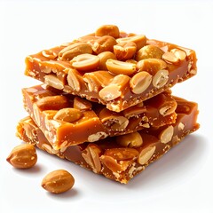 Stack of sweet peanut brittle squares with visible crunchy texture on white background