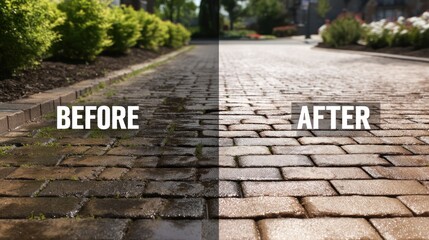 Brick pavement cleaning demonstration before and after