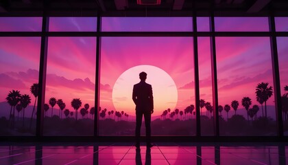 Man silhouette sunset view palm trees city skyline pink purple aesthetic art