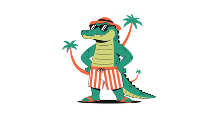 Naklejka premium Funny cartoon crocodile character wearing sunglasses, an orange hat, and striped swim trunks standing in front of palm trees.