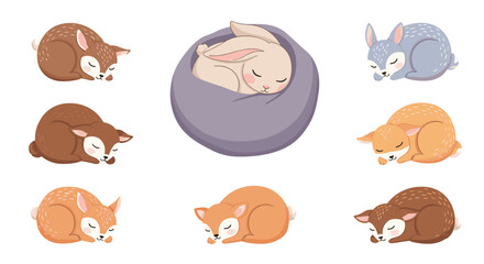 Collection of cute sleeping baby animals including bunnies and fawns curled up in various colors for nursery decor and children designs.