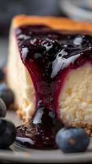Delicious blueberry cheesecake dessert recipe with graham cracker crust slice