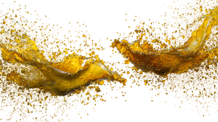 A violent collision of two liquid gold streams splashing and merging in mid air creating a dynamic explosion of golden particles on a white background