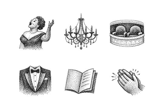 Vintage halftone opera icons: singer, chandelier, theater elements, applause
