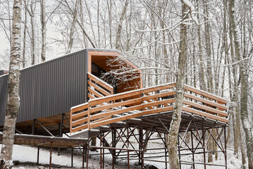 Wooden Shelter Design, Stylish Wood Deck With Shelter Showing Craftsmanship Details And Snow Accumulation