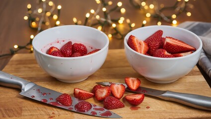 Close-up of wooden cutting board with two white bowls of fresh strawberries, halved and whole, with kitchen knives, illustrating cooking, fruit preparation, and healthy food