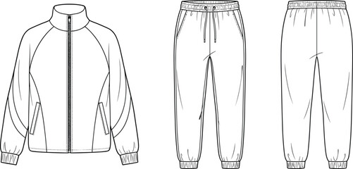 Men sportswear tracksuit technical illustration, zip jacket and jogger pants front and back views, clean outline apparel fashion vector design