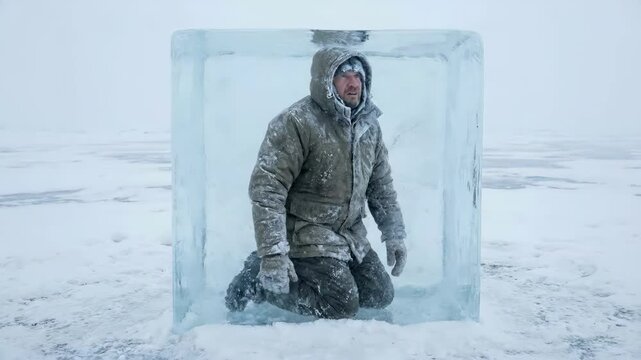 Man Freezing and Kneeling Inside Transparent Ice Block in Winter