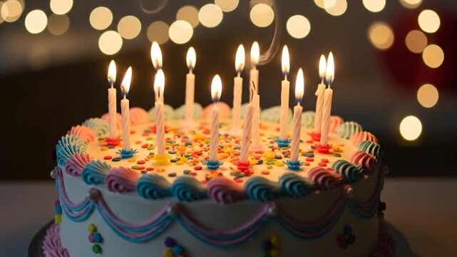 Birthday cake with lit candles, soft festive celebration bokeh background.