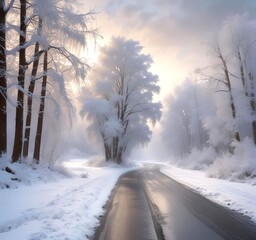 Fototapeta premium Frozen winter road stretching into the distance, covered in fresh snow and ice