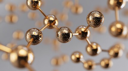 Close-up of golden molecular structure with spheres connected by rods, grey backdrop