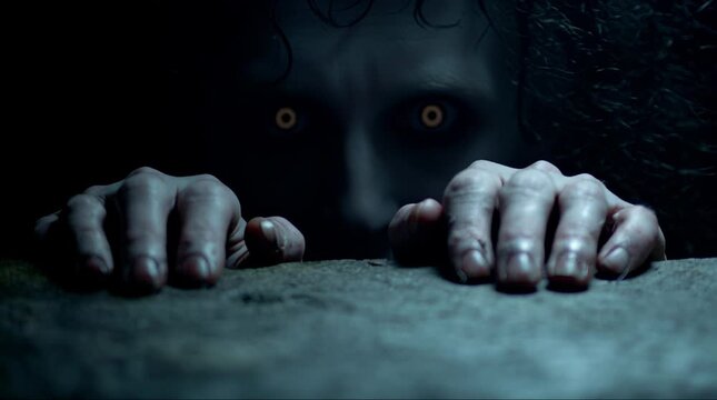 A terrifying ghostly figure with glowing yellow eyes peers over a surface with its hands gripping the edge.
