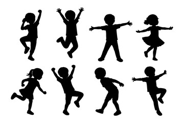 Energetic kids silhouette dance collection on transparent background