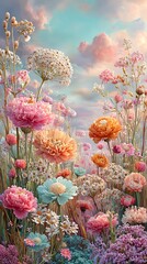 Vibrant flowers in a colorful field under sky.