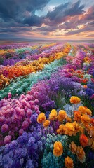 Vibrant flower field under a colorful sunset sky.