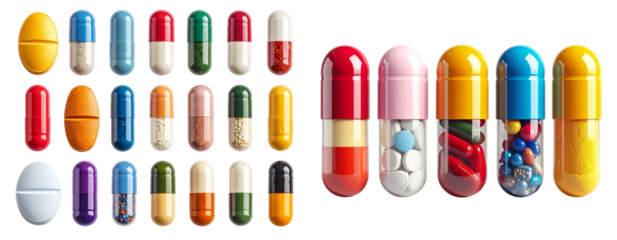 Your paragraph text - Assorted Pharmaceutical Capsules and Tablets, Front View, Isolated on Transparent Background PNG