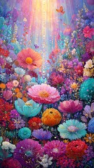 Vibrant and colorful floral garden with sunlight.