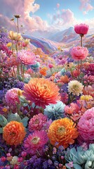 Vibrant floral landscape in soft sunlight.