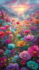 Vibrant floral meadow at sunrise.