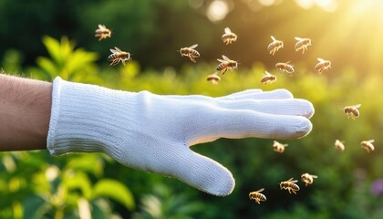 A beekeeper&rsquo;s gloved hand surrounded by bees, illustrating careful handling, safety awareness, and the potential risks such as bee stings and hand swelling during close interaction with hives.