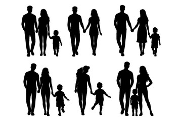 Family silhouette set: parents and children walking together