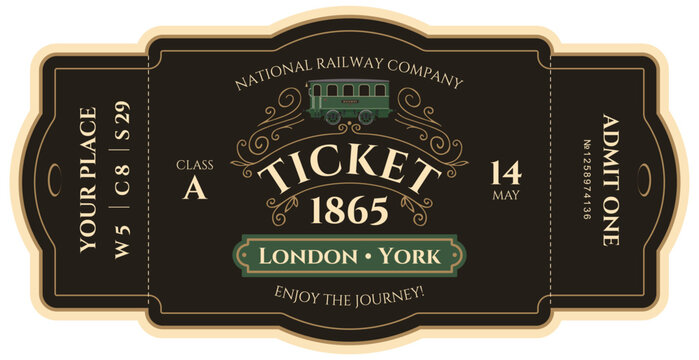 Vector train ticket template featuring a vintage passenger carriage. Premium