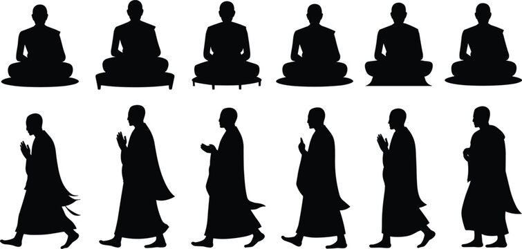 Buddhist monk silhouette set showing meditation sitting and walking poses, black vector spiritual figures isolated on white background