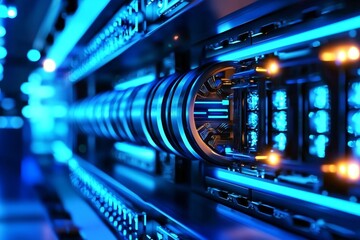 Quantum computer emitting glowing particles, representing energy.