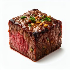 Exquisite closeup of a perfectly seared cube steak on a clean white backdrop